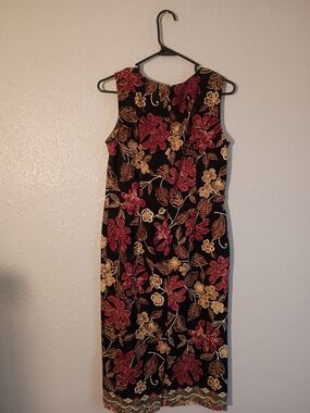 Kathie Lee Collection Black Midi Dress with Red & Gold Floral Print